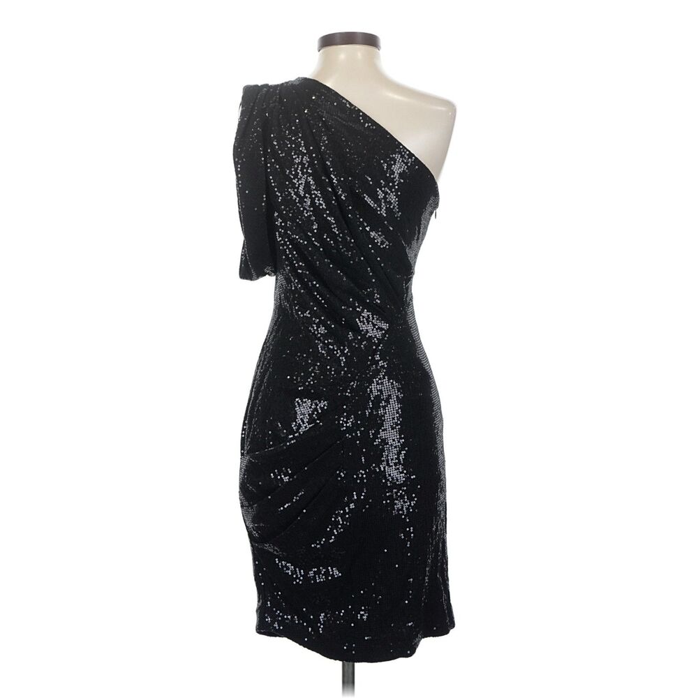 Eva Franco Black Sequin One Shoulder Cocktail Mini Dress Size 4
